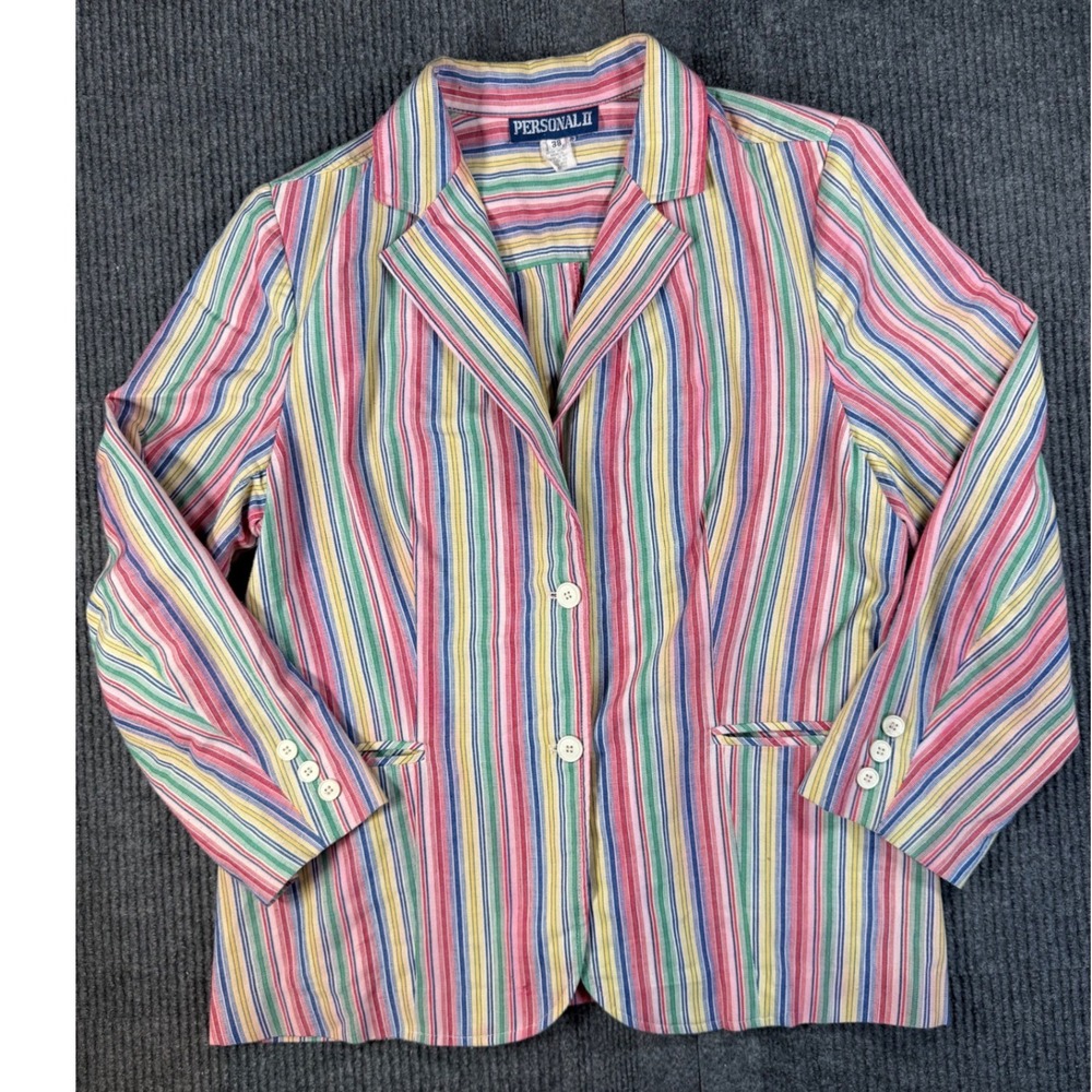Vintage Personal II Multi Color Striped Blazer Jacket Size 38 Bust 1980 Rainbow